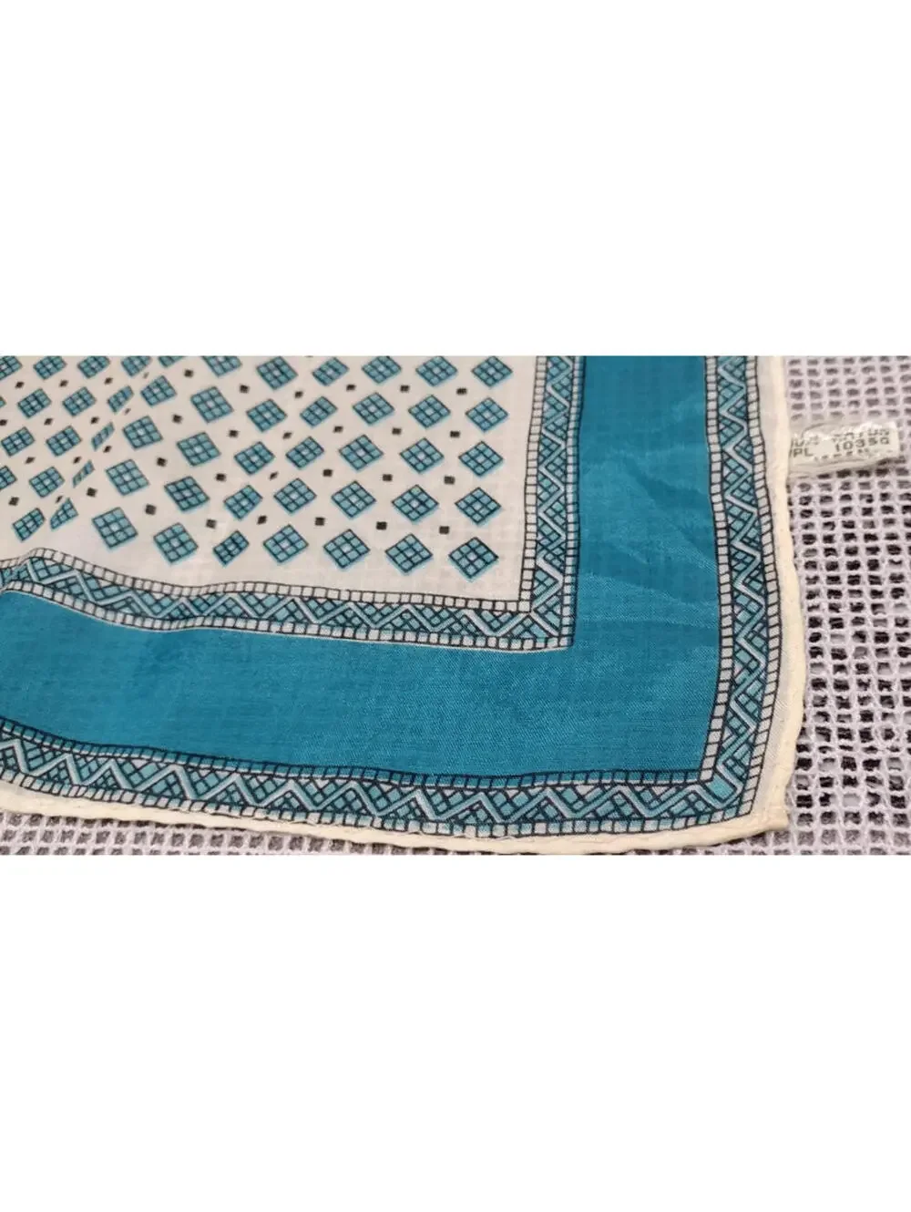 Vintage 1950s Neck Scarf Tiny Tetris Squares Teal Turquoise Rayon Unisex Scarf